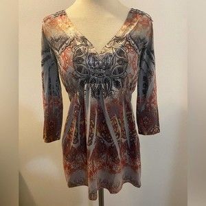 SOLD Emerald A-line 3/4 sleeve Boho Tunic, V-neck Neck Bling Blouse top